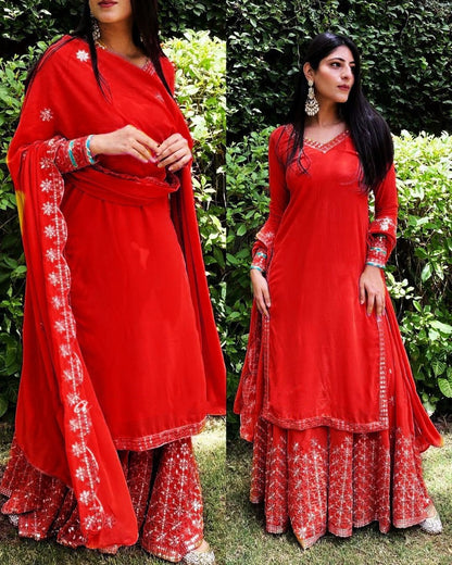 Red georgette embroidery work party wear palazzo suit