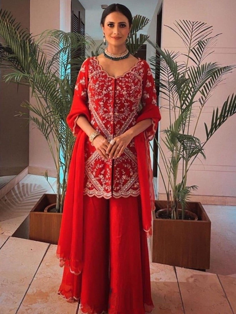 Red georgette embroidery work sharara suit