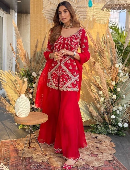 Red georgette embroidery work sharara suit