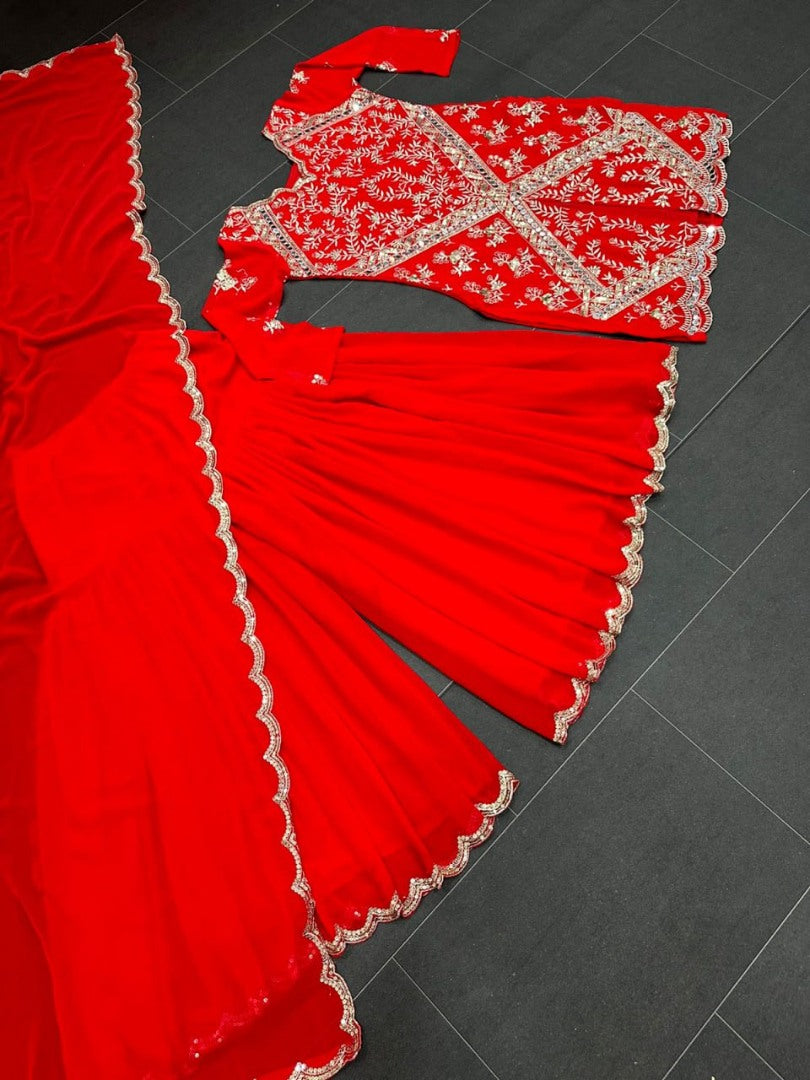 Red georgette embroidery work sharara suit