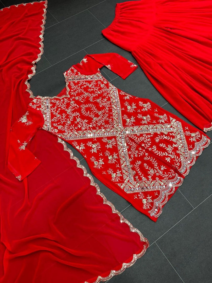 Red georgette embroidery work sharara suit