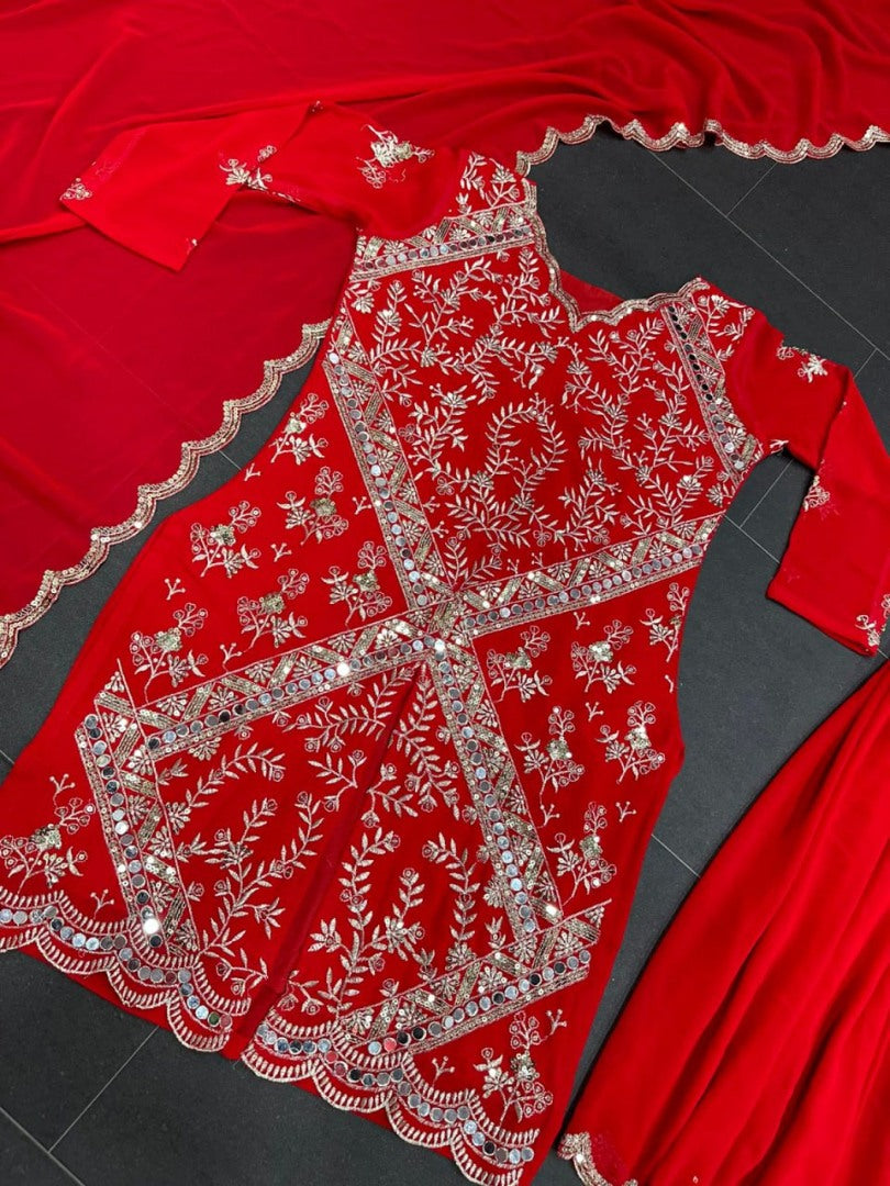 Red georgette embroidery work sharara suit