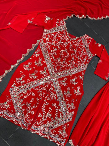 Red georgette embroidery work sharara suit