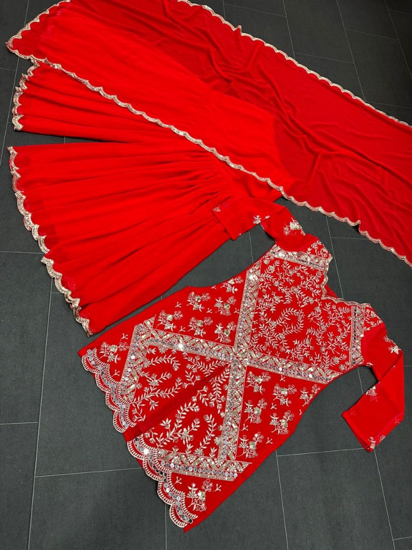 Red georgette embroidery work sharara suit