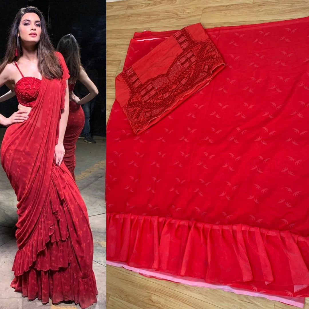 Red georgette embroidery worked stylist partywear ruffle saree