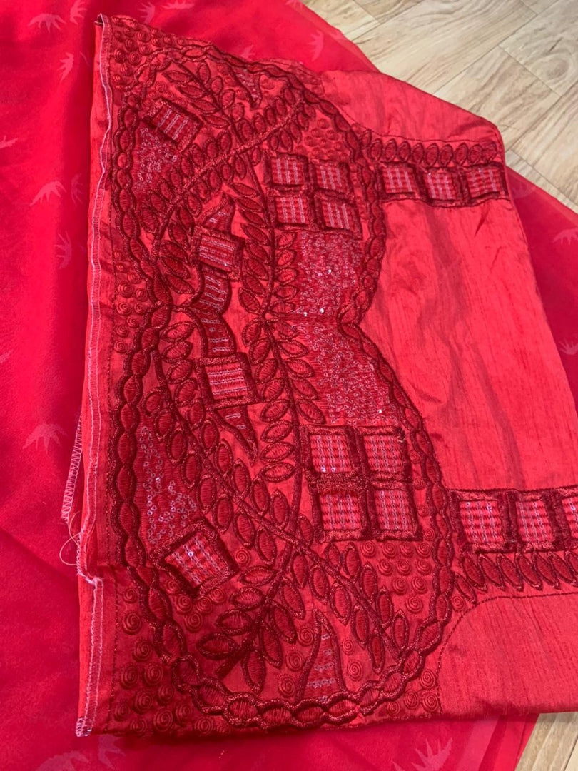 Red georgette embroidery worked stylist partywear ruffle saree