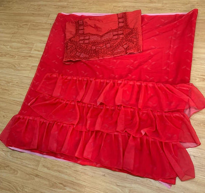 Red georgette embroidery worked stylist partywear ruffle saree