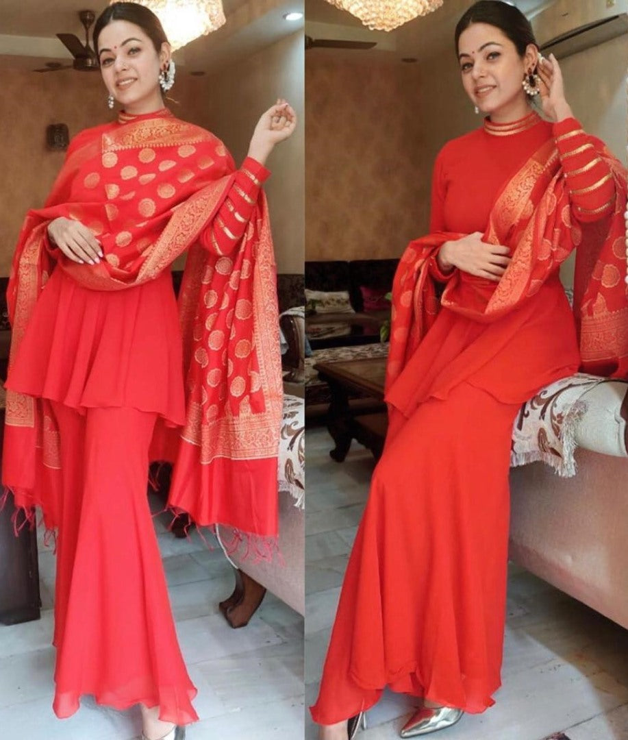 Red georgette fancy lace work party wear sharara suit