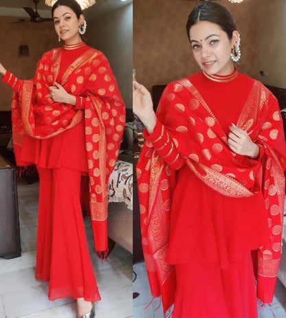 Red georgette fancy lace work party wear sharara suit