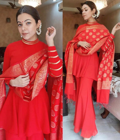 Red georgette fancy lace work party wear sharara suit