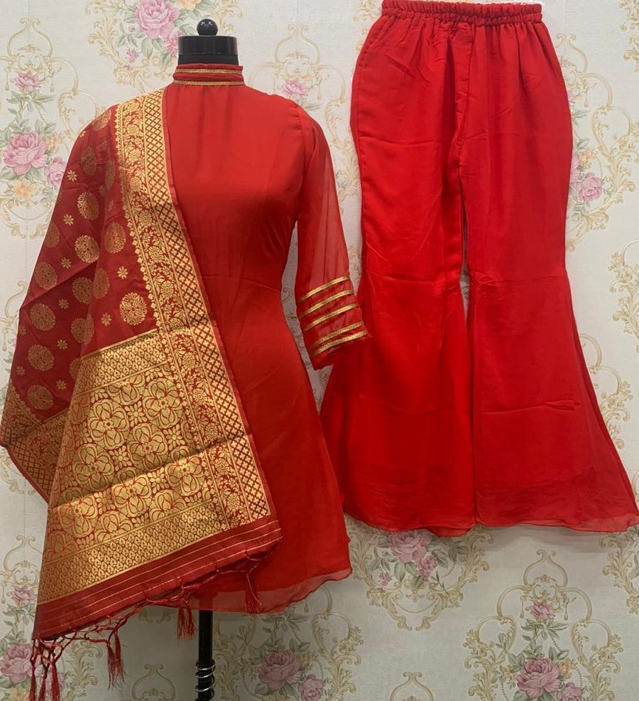 Red georgette fancy lace work party wear sharara suit