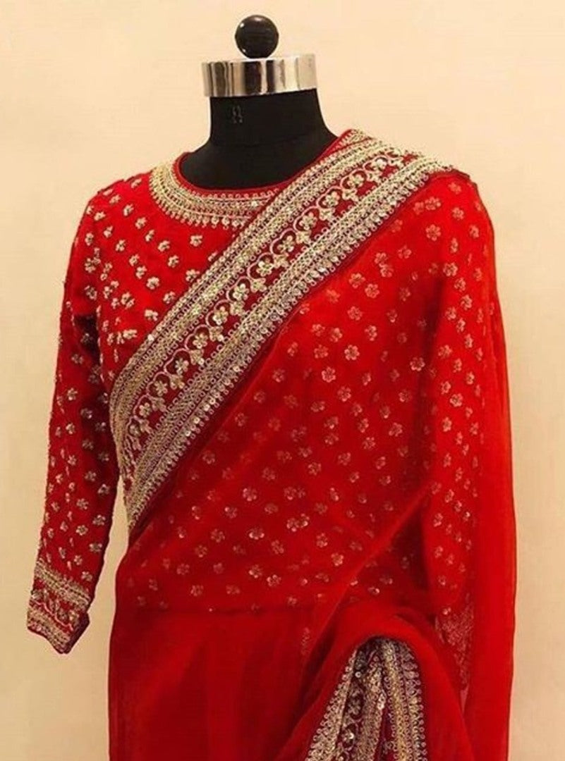 Red georgette fancy thread and sequence worked designer saree