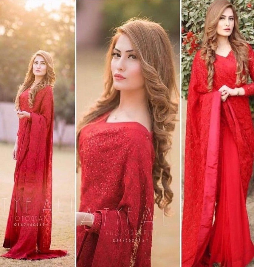 Red georgette fancy thread work partywear saree