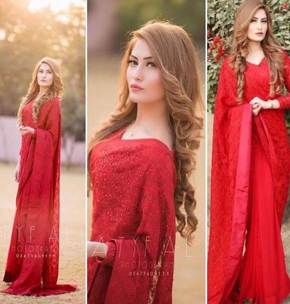 Red georgette fancy thread work partywear saree