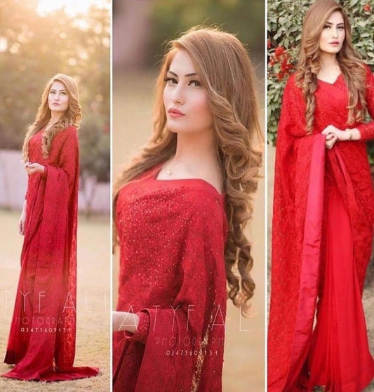 Red georgette fancy thread work partywear saree