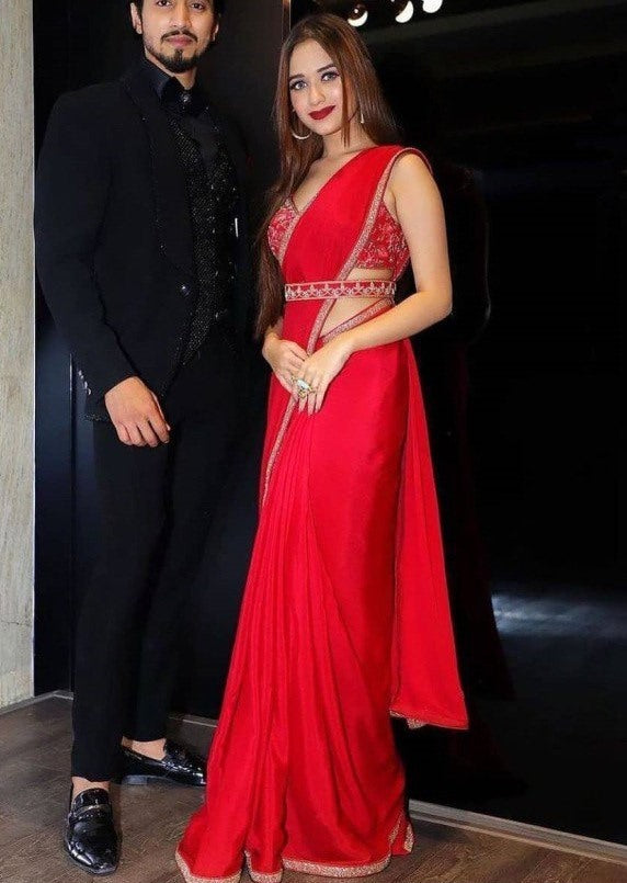 Red georgette fancy thread work partywear saree