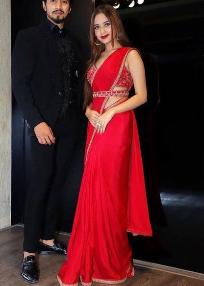 Red georgette fancy thread work partywear saree