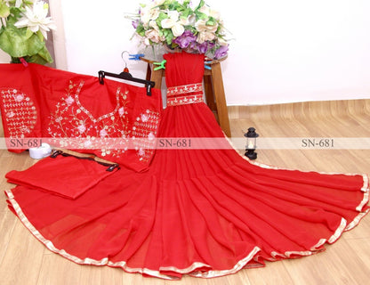 Red georgette fancy thread work partywear saree