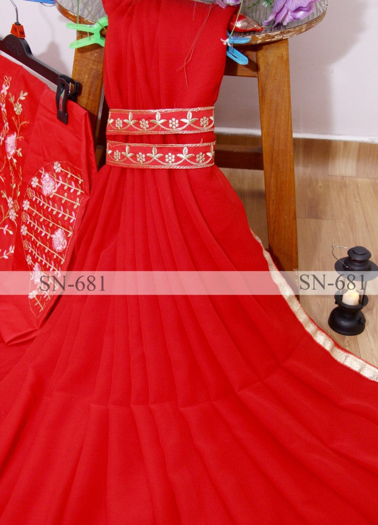 Red georgette fancy thread work partywear saree