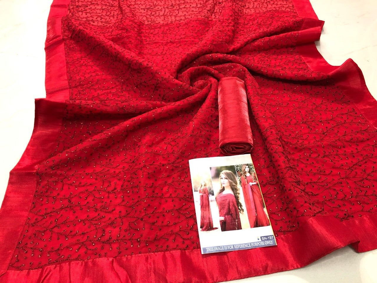 Red georgette fancy thread work partywear saree