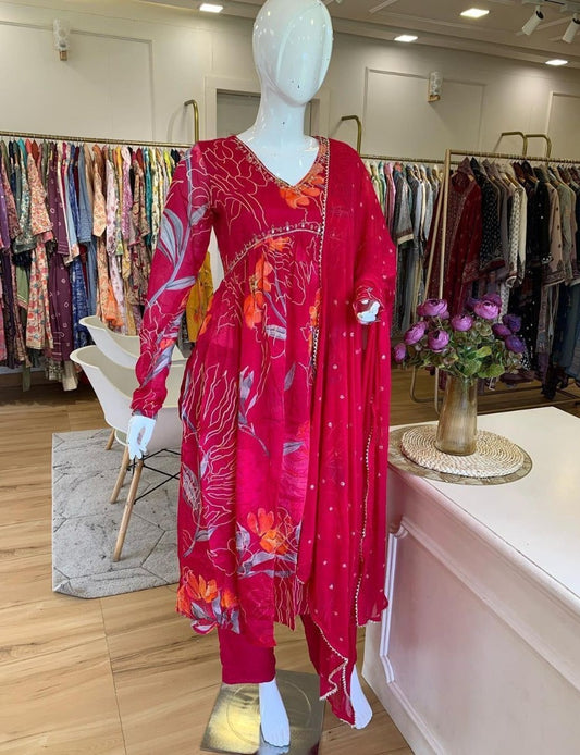Red georgette floral printed hand work alia cut suit
