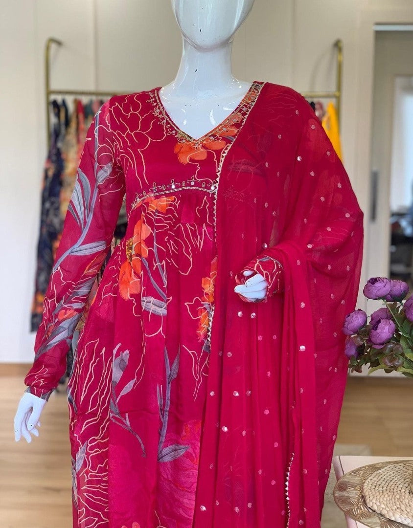 Red georgette floral printed hand work alia cut suit