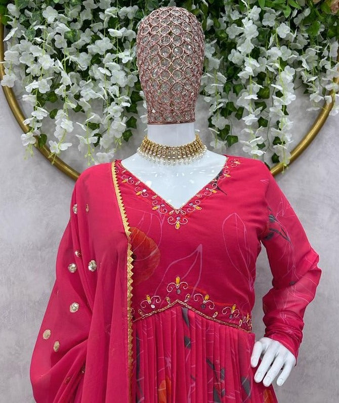 Red georgette floral printed hand work alia cut suit