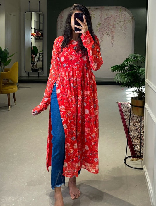 Red georgette floral printed kurti