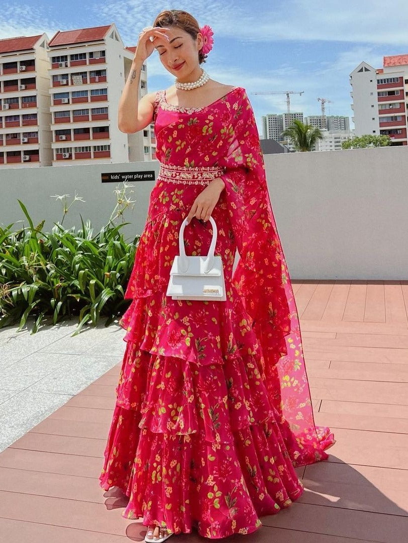 Red georgette floral printed ruffle lehenga saree