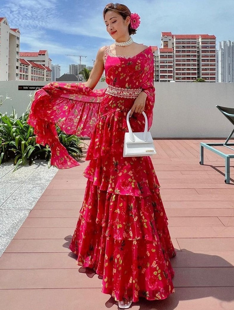 Red georgette floral printed ruffle lehenga saree