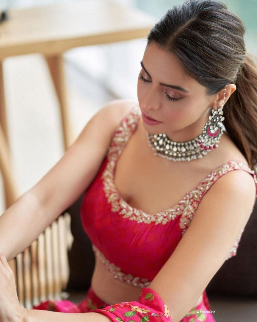 Red georgette floral printed ruffle lehenga saree