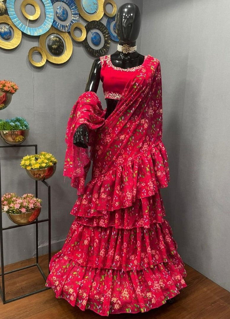 Red georgette floral printed ruffle lehenga saree