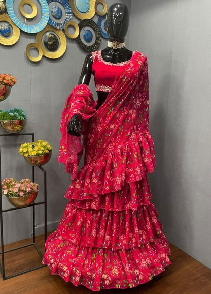 Red georgette floral printed ruffle lehenga saree