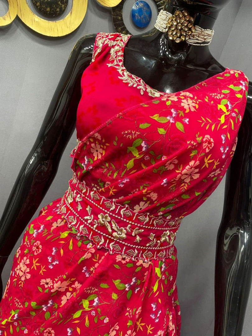 Red georgette floral printed ruffle lehenga saree