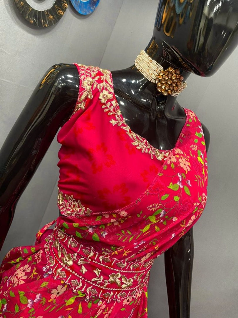 Red georgette floral printed ruffle lehenga saree