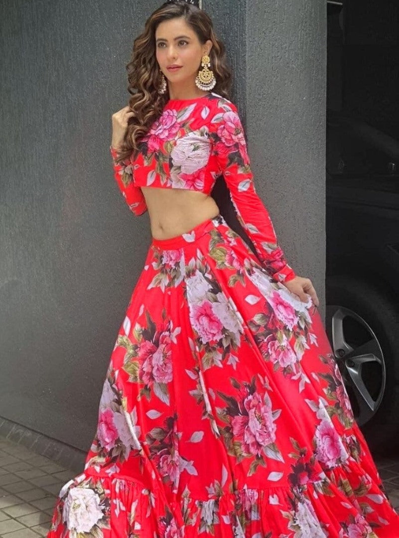 Red georgette flower printed lehenga choli