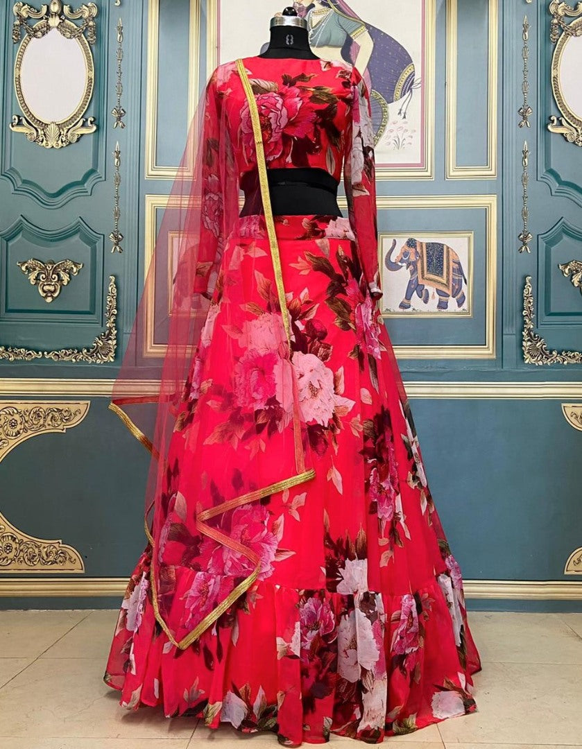 Red georgette flower printed lehenga choli