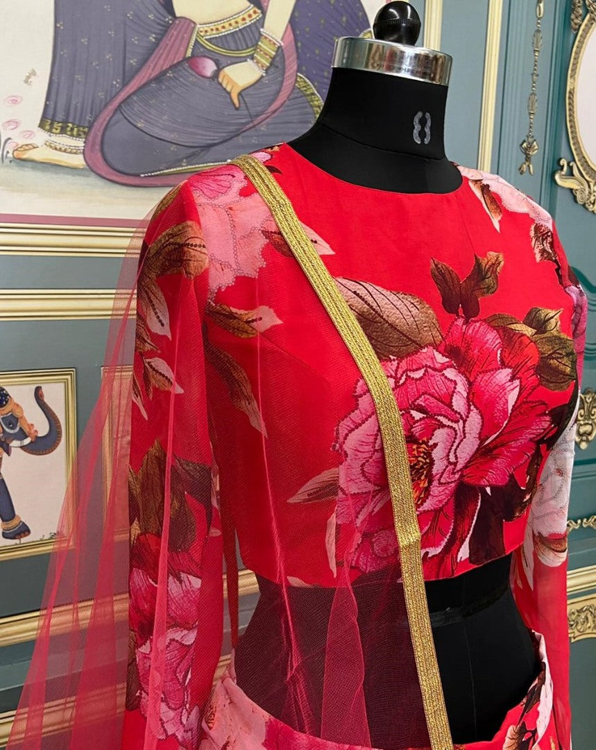 Red georgette flower printed lehenga choli