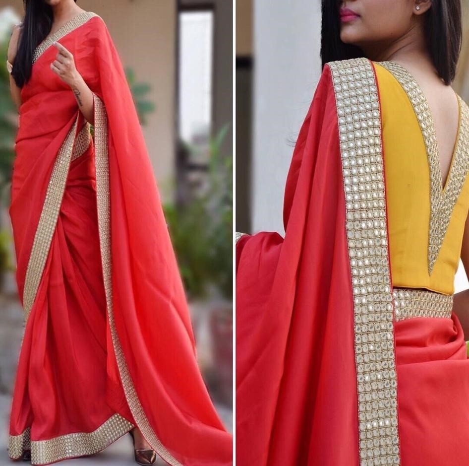 red georgette foil mirror and thread work less partywear saree