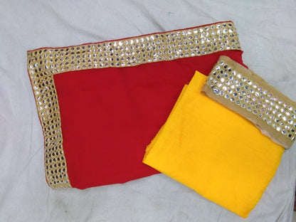 red georgette foil mirror and thread work less partywear saree