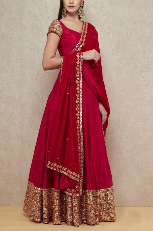 Red georgette foil mirror work long anarkali gown