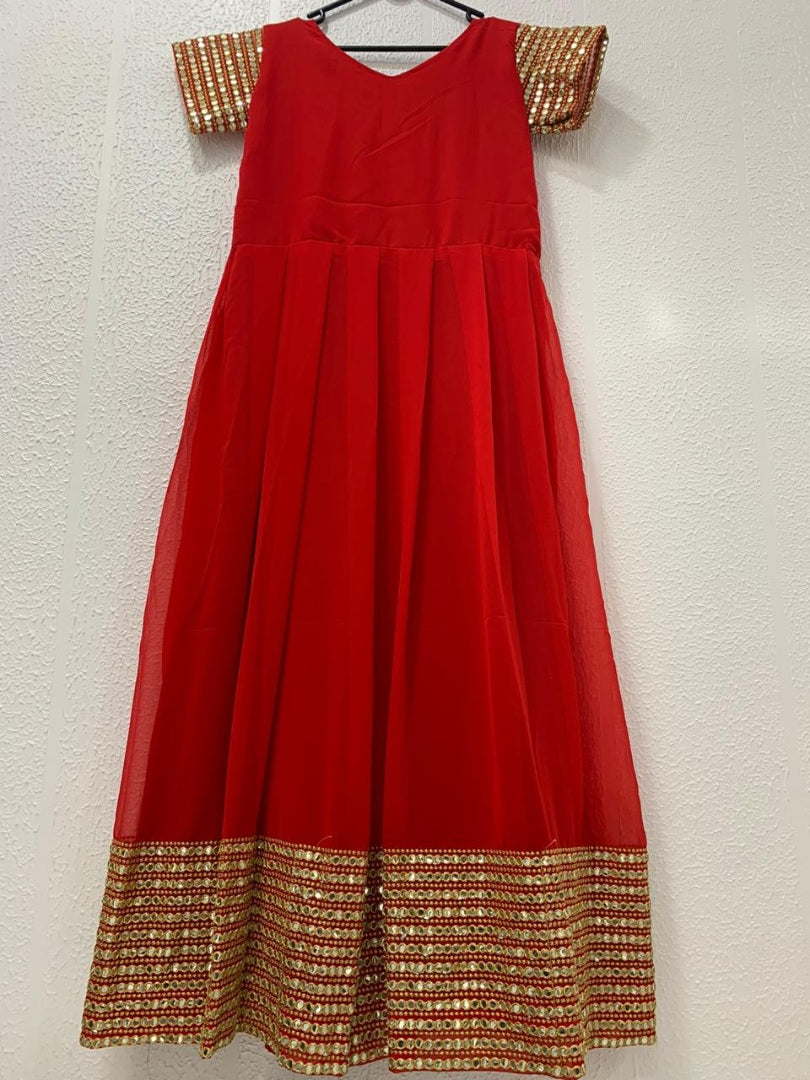 Red georgette foil mirror work long anarkali gown