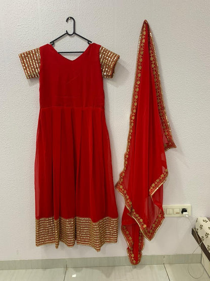 Red georgette foil mirror work long anarkali gown
