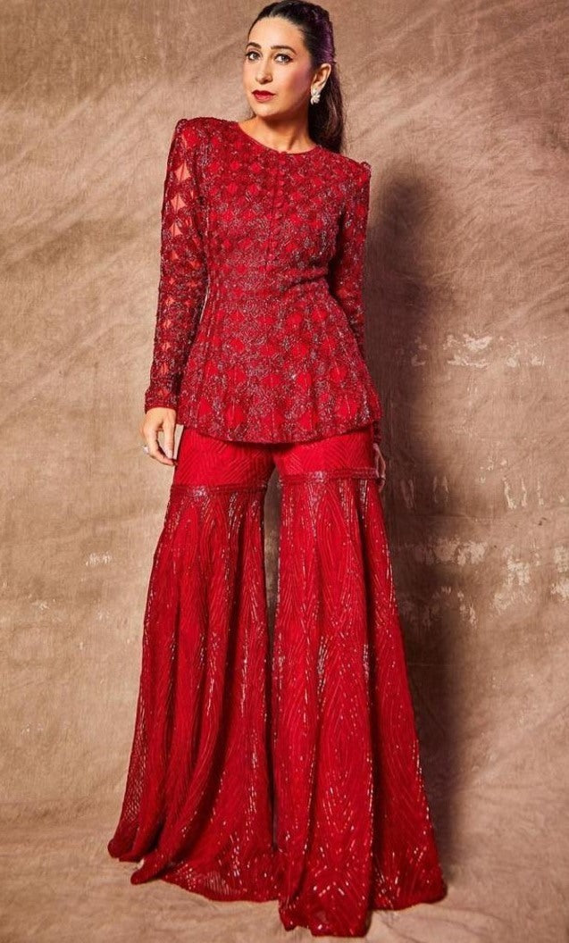 Red georgette full sequence work party wear sharara plazzo suit