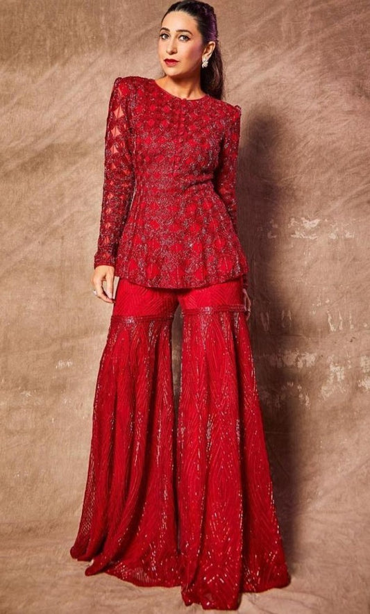 Red georgette full sequence work party wear sharara plazzo suit