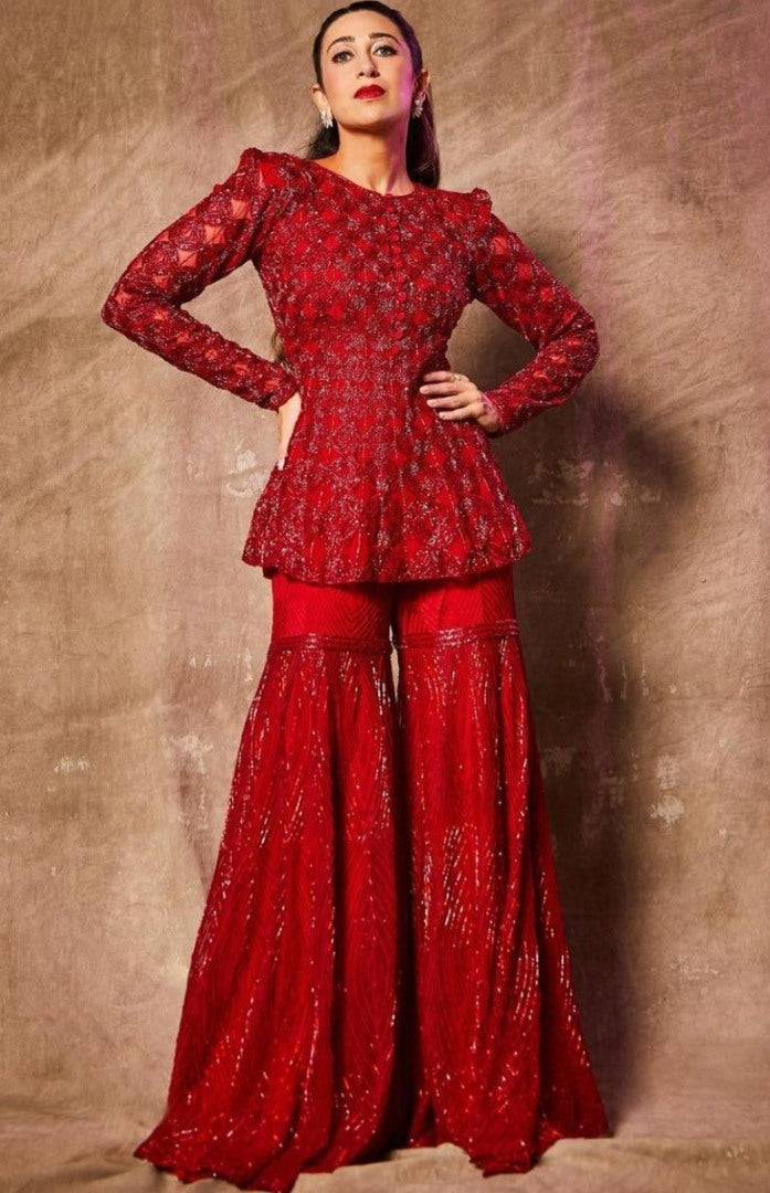 Red georgette full sequence work party wear sharara plazzo suit