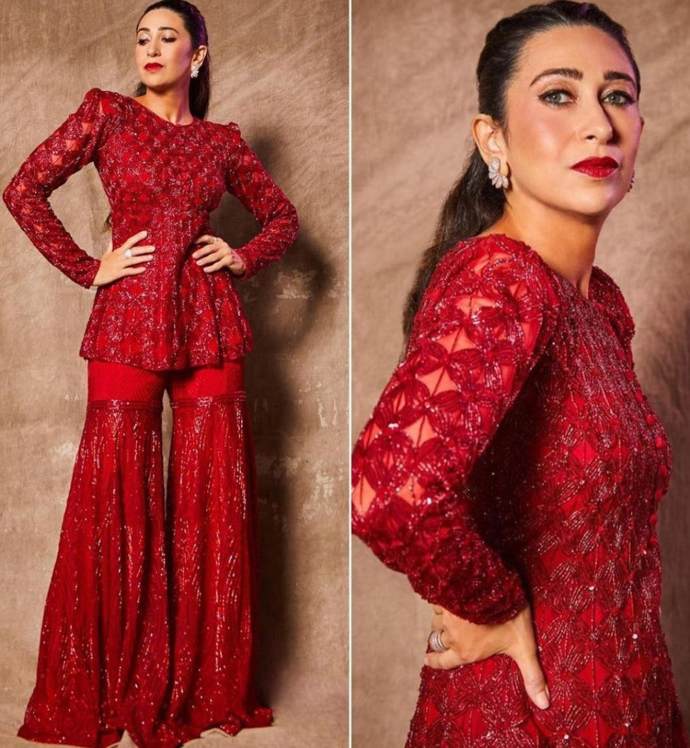 Red georgette full sequence work party wear sharara plazzo suit
