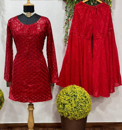 Red georgette full sequence work party wear sharara plazzo suit