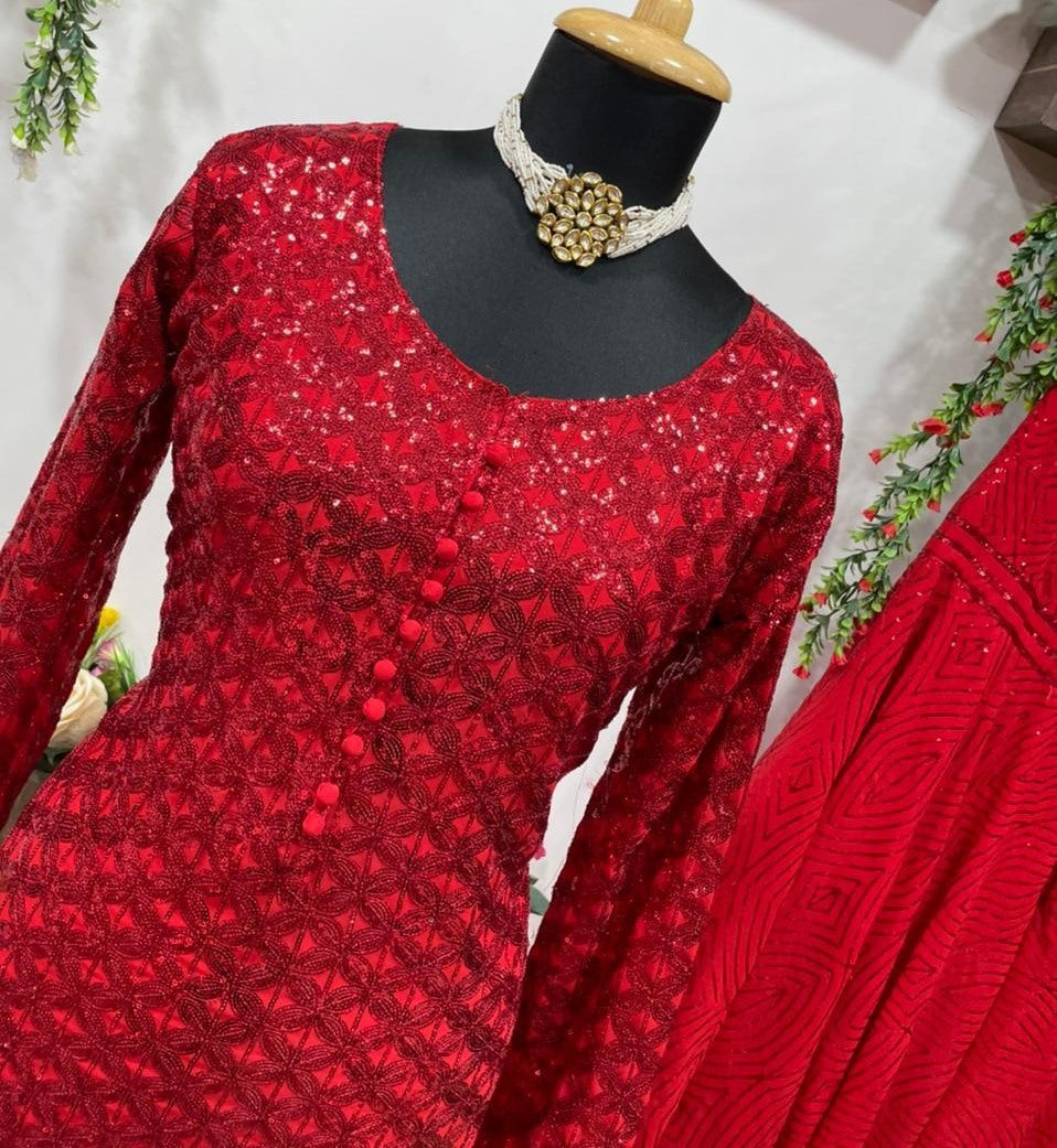 Red georgette full sequence work party wear sharara plazzo suit