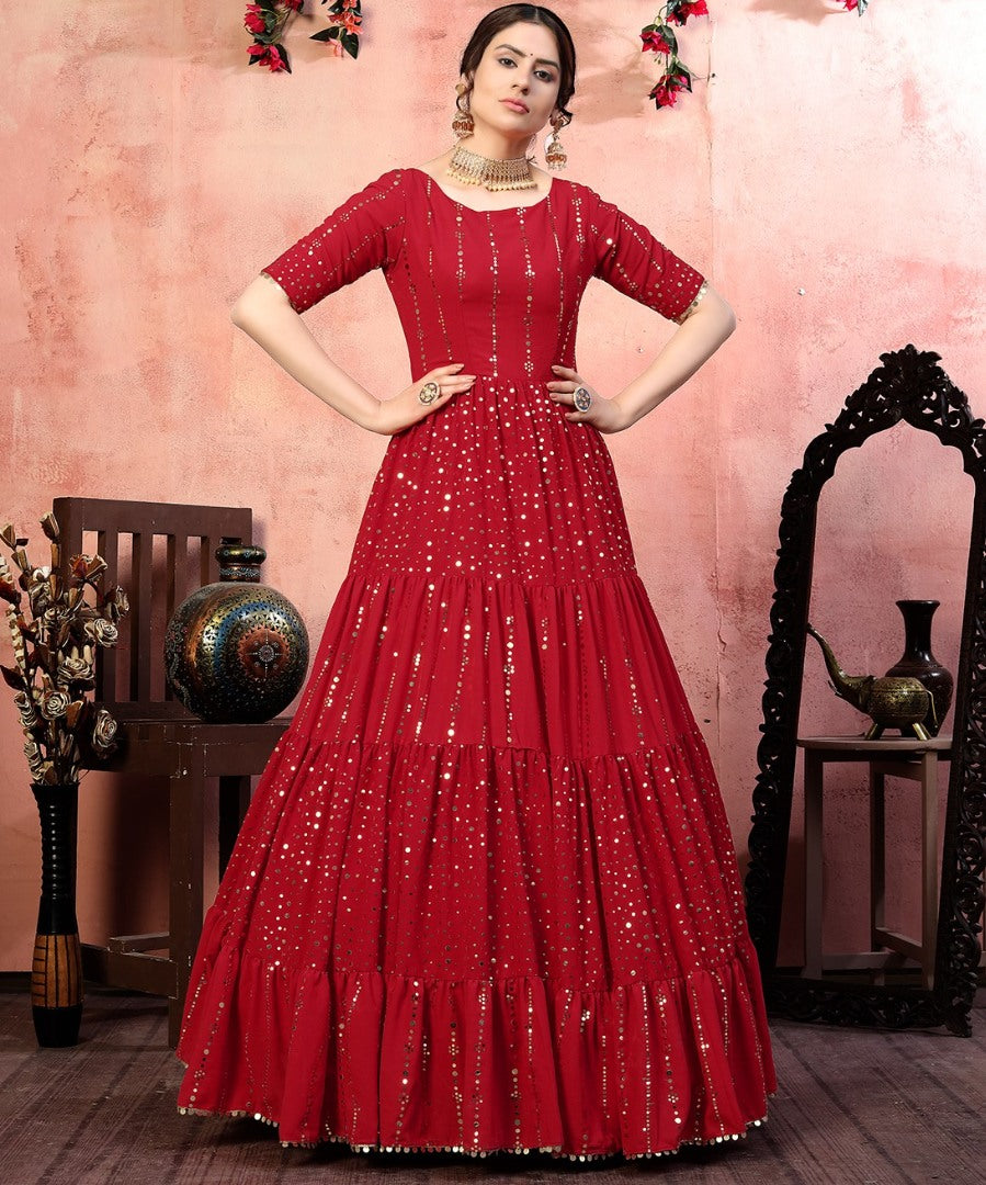 Red georgette golden sequence work party wear gown